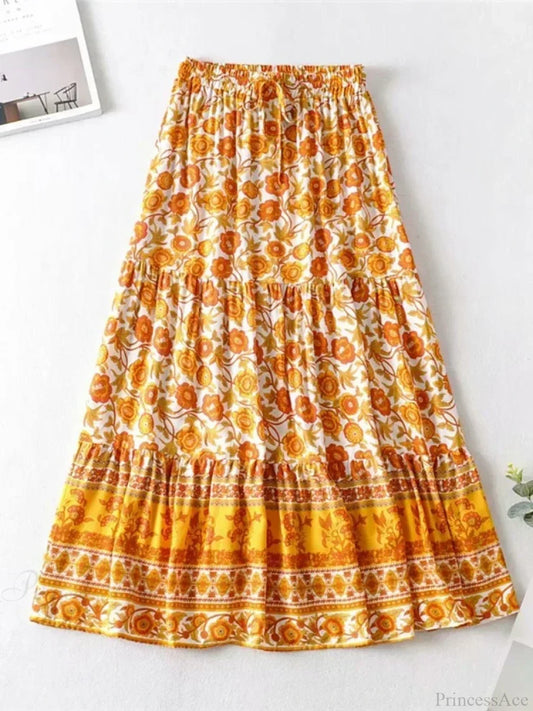 Vintage Summer Fashion Yellow Floral Printed Beach Bohemian Cotton Rayon Skirt skirt-250126