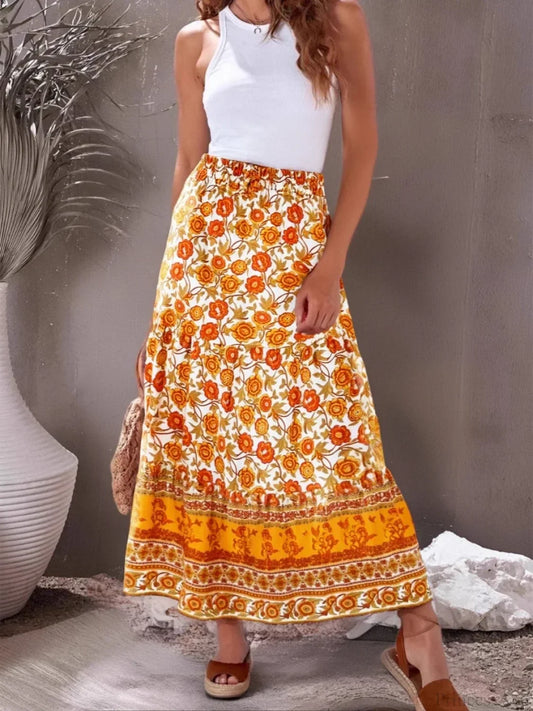 Vintage Summer Fashion Yellow Floral Printed Beach Bohemian Cotton Rayon Skirt as picture / S skirt-250126
