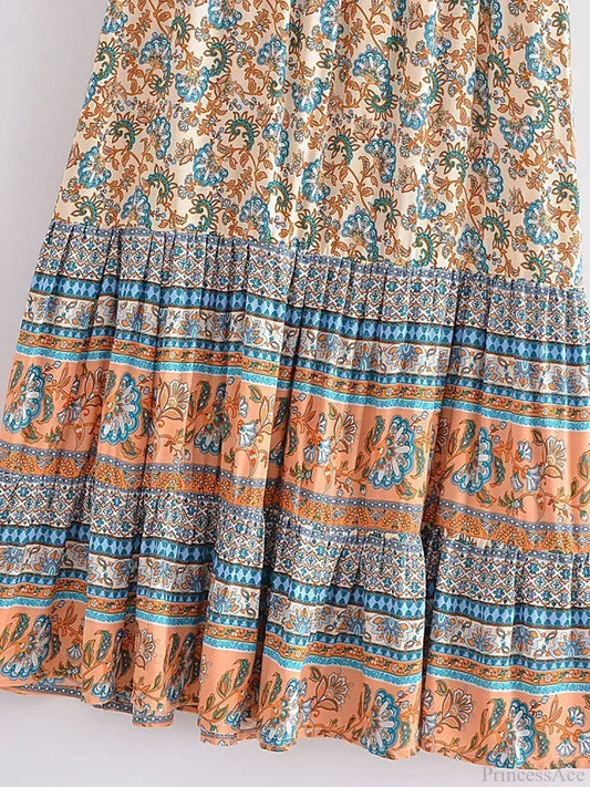 Vintage Summer Floral Print Beach Bohemian Maxi A-Line Skirt skirt-250126