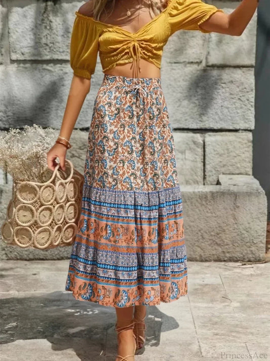 Vintage Summer Floral Print Beach Bohemian Maxi A-Line Skirt kahaki / S skirt-250126