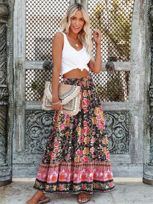 Vintage Summer Floral Print Beach Bohemian Pleated Skirt High Waist A-Line as picture / S skirt-250126