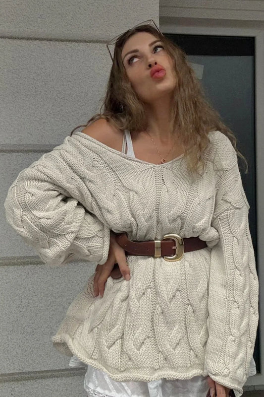 Vintage V-neck Loose Mid-length Cable Knit Long Sleeve Sweater Off-white / S