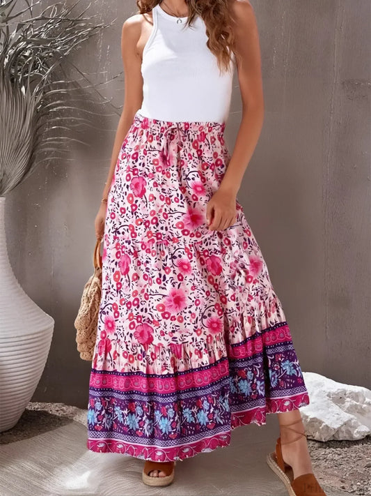 Vintage Women Tassel Elastic Boho Pink Floral Printed Vacation Beach Skirt Pink / S skirt-250126