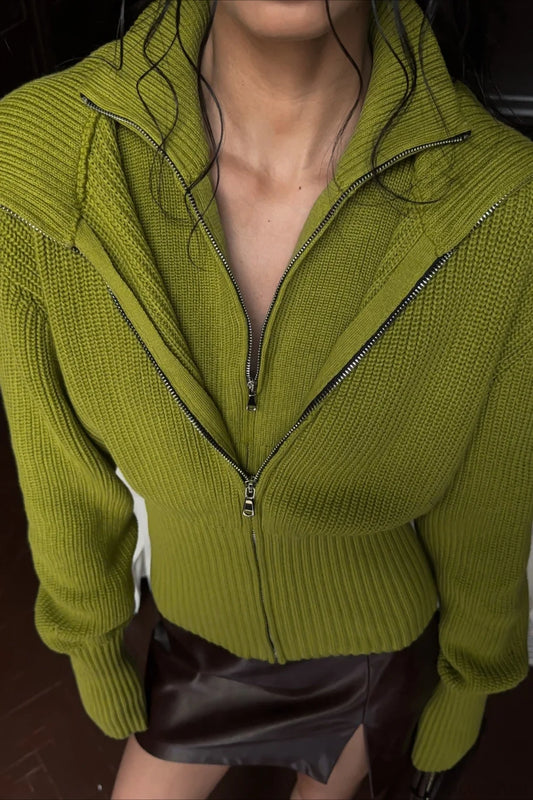 VintageTwo-in-one Solid Wide Lapel Zipper Sweater Green / S