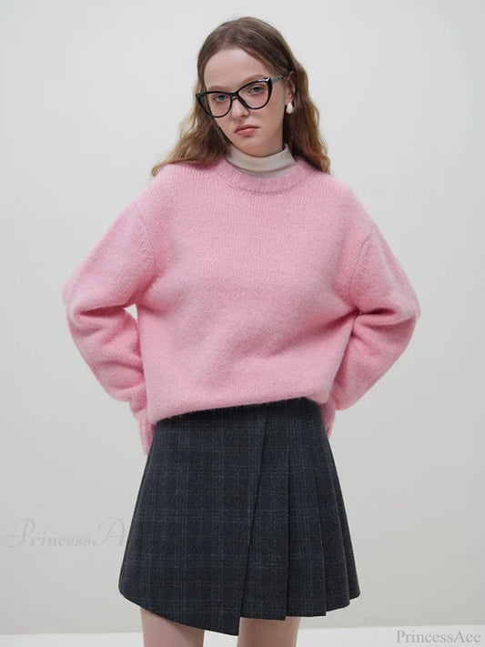 Warm Soft Waxy Round Neck Pullover Sweater Pink / S