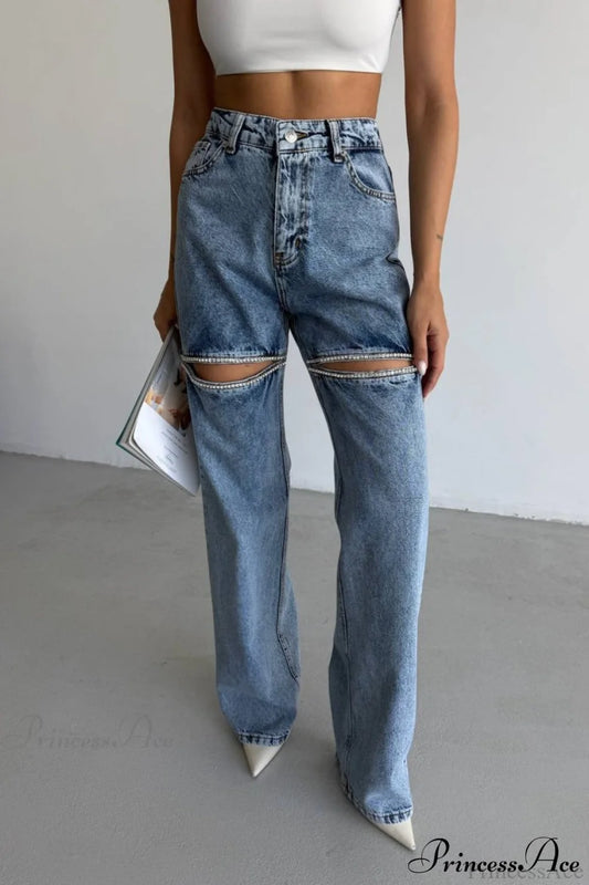 Washed Chain Distressed Straight Jeans Blue / S