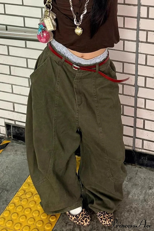 Washed Curved Loose Slouchy Floor-length Jeans Green / XS