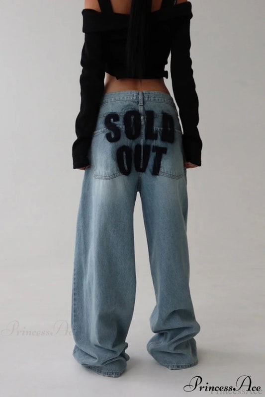 :Washed Letter Print Distressed Relaxed Straight Jeans Blue / S