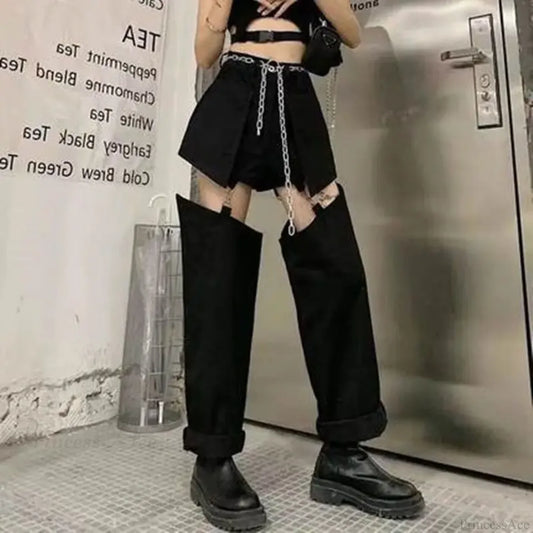 Washed Zipper Fake Ripped Denim Pants Black / S