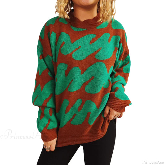 Wave Stripe Print Crew Neck Warm Sweater Green / S