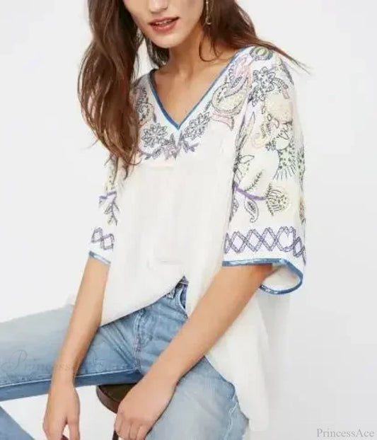 White Cotton Rayon Beaded Floral Embroidered Boho Blouse WHITE / S bohoblouse-250126