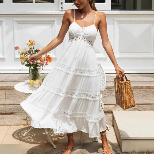 White Hollow Out Strapless Split Sleeveless Maxi Boho Dress bohodress-250126