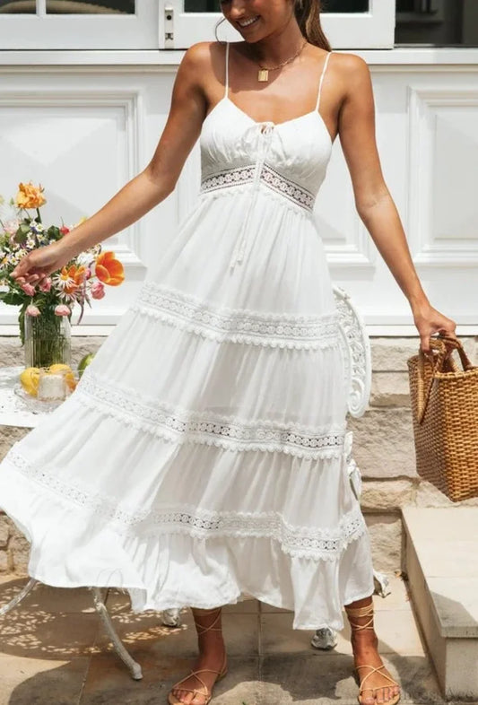 White Hollow Out Strapless Split Sleeveless Maxi Boho Dress White / S bohodress-250126