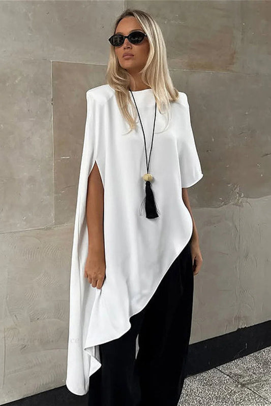 White Irregular Round Neck Short Sleeve Blouse White / S