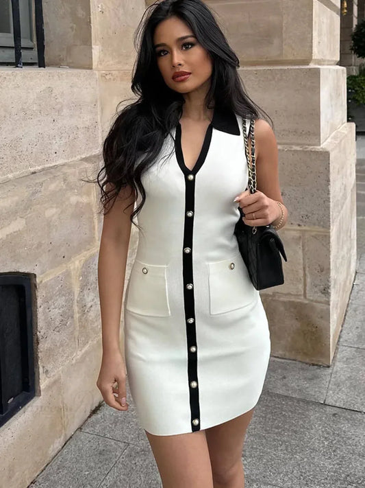 White Knitted Lapel Mini Dress WHITE / S minidress-250223