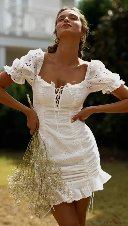 White Lace Cotton Short Sleeve Bodycon Mini Boho Dress bohodress-250126