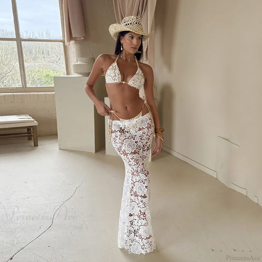 White Lace Sarong Three Piece Swimsuit white / S