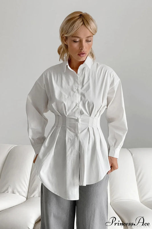 White Pleated Waist Slim Blouse White / S