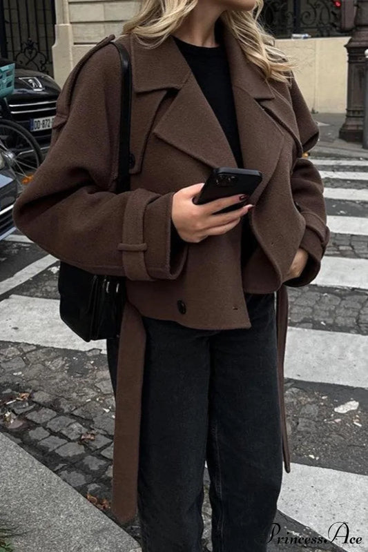 Wide Lapel Wool Blend Coat Dark Brown / S