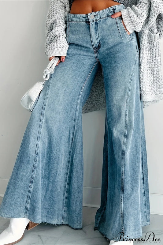 Wide Leg Washed Denim Elegant Simple Jeans Blue / XS