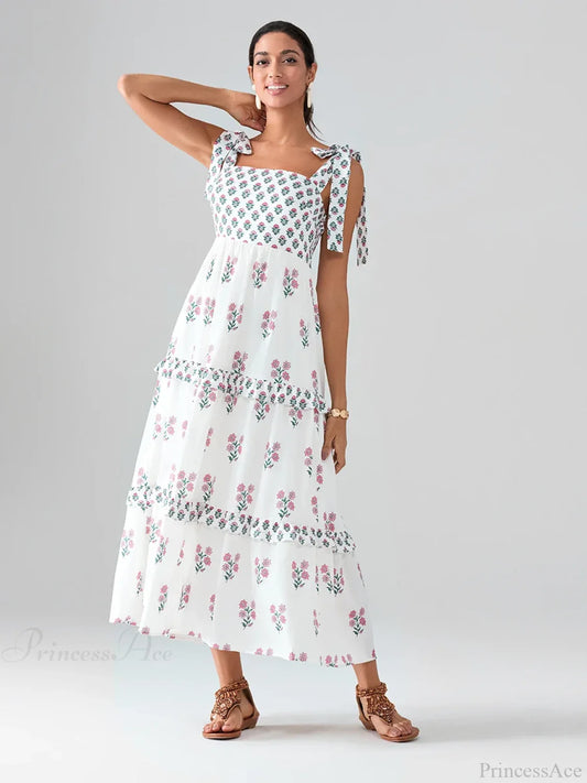 Wide Straps Flowy Floral Bohemian Beach Frill Trim Square Neck A-Line Dress floraldress-250126