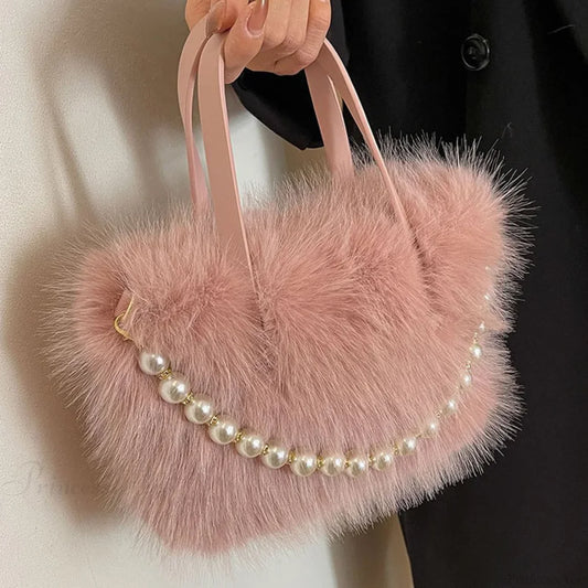 Winter Faux Fur Crossbody Pearl Chain Decor Handbag handbag-250126