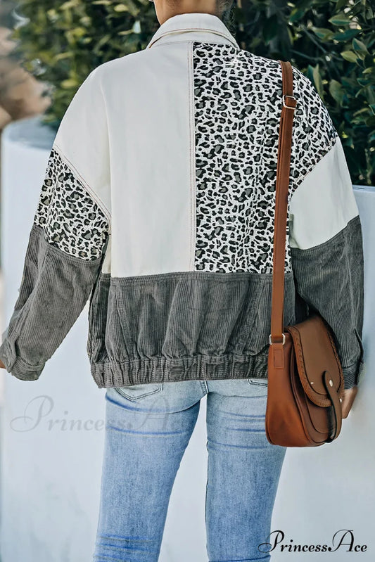 With Corduroy Block Shacket Leopard Color Buttons Coats-L