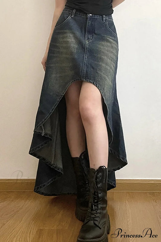 With Irregular Skirt Denim Distressed High Rise Wash Blue / M Skirts
