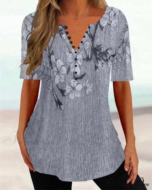 V-neck short-sleeved printed T-shirt Gray 23BF clothes Short Sleeve Tops Summer T-SHIRTS Tops/Blouses