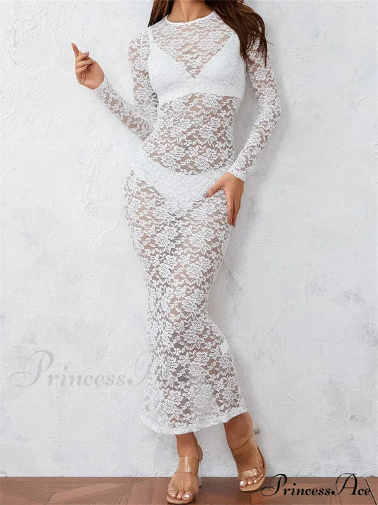 Women Lace Floral See Through Vintage Sleeve Round Neck Solid Back Split Party Female Vestidos