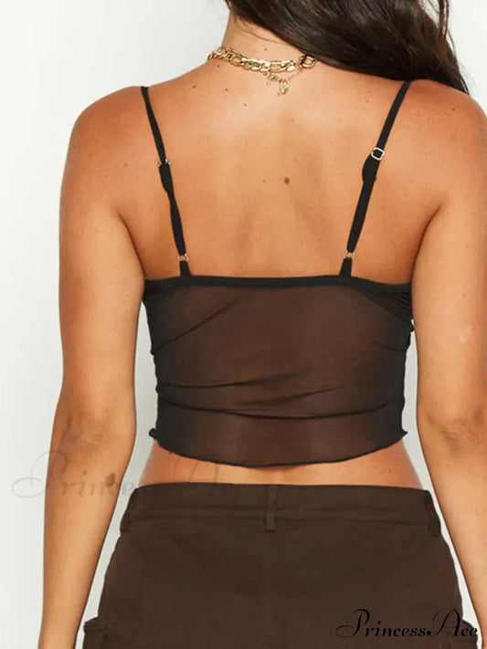 Women See Through Mesh Crop Cami Y2K Ruffle Frill Backless Sleeveless Spaghetti Strap Camisoles