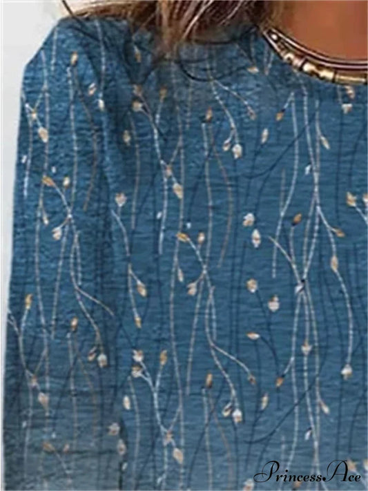 Women’s Design Flowered Festive Long Blue Arm Weekend Casual - T-Shirt Painting