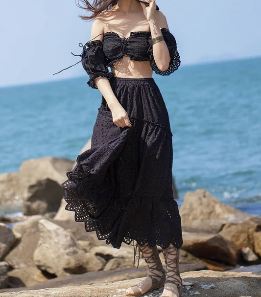 Women’s Summer Cotton Full Lace Midi Skirt A-line Boho Vacation Black / S