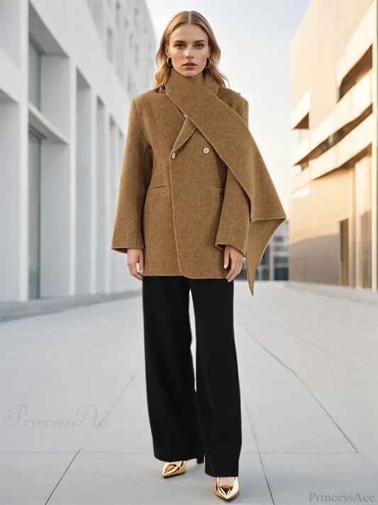 Woolen Scarf Collar Double-Breasted Overcoat Khaki / S