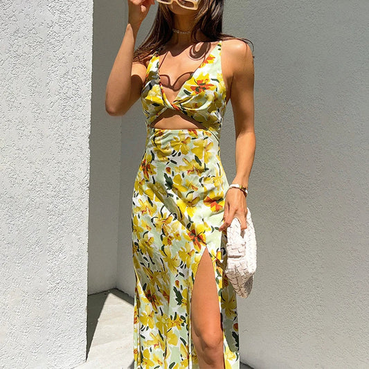 Chic Yellow Flowers Print Twist Knot Cutout Midi Floral Dress floraldress-250126
