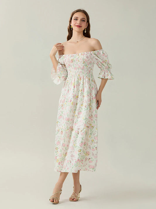 Elegant Off-Shoulder Party Half Sleeve Square Neck A-line Floral Dress floraldress-250126