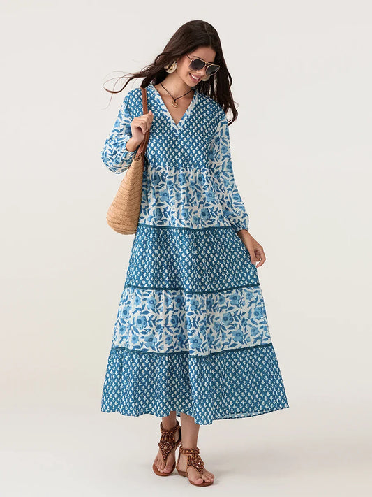 Autumn Floral Long Sleeve V-Neck Loose A-Line Floral Dress floraldress-250126