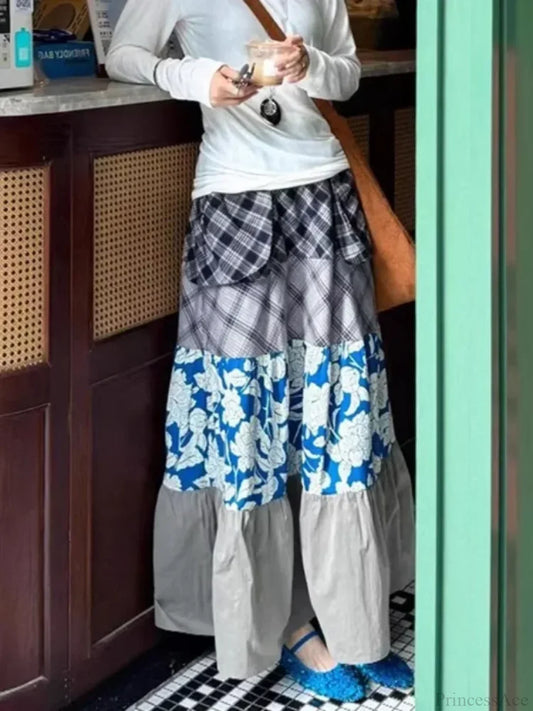 Y2K Blue Flower Patch Full Skirt Personalized Large Pocket Skirt Blue / S skirt-250126