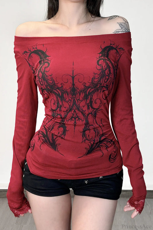 Y2K Dark Print Off Shoulder Long Sleeve Tee