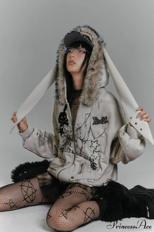 Y2K Fleece Collar Bunny Ear Print Hoodie