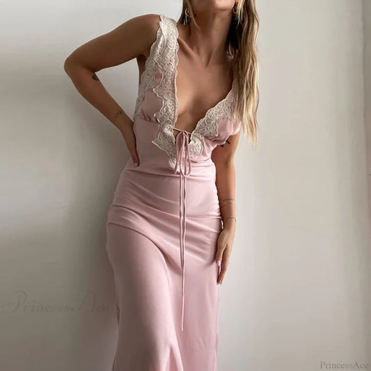Y2K Lace Trim Long Vacation Dress pink / S vacationdress-250223