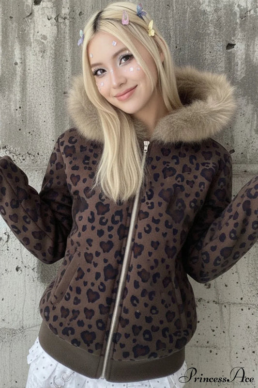 Y2K Sexy Leopard Print Fleece Zipper Hoodie