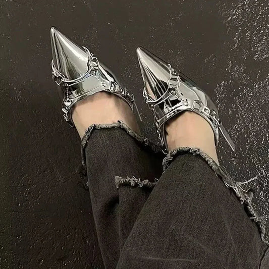Y2K Silver Rebel Gothic Pointed Toe Tall Heel