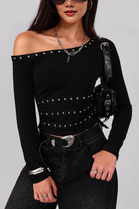 Studded One Shoulder Cutout Top