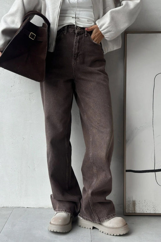 High Waisted Brown Straight Leg Jeans Brown / S