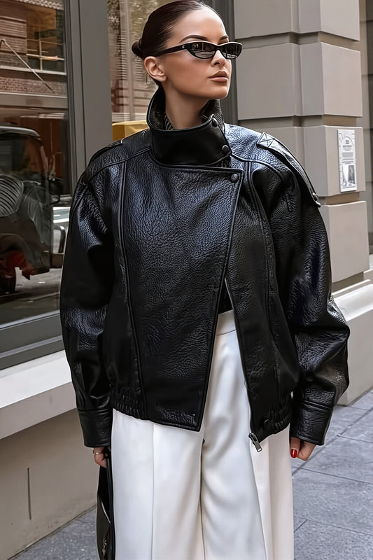 High Collar Epaulet Faux Leather Jacket