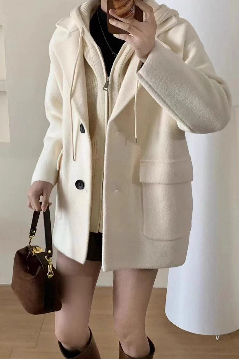 Layered-Look Wool Blend Loose Slim-Fit Knit Cardigan Coat White / One Size