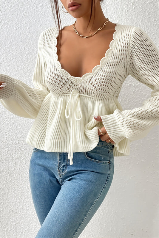 Scalloped V Neck Drawstring Peplum Sweater