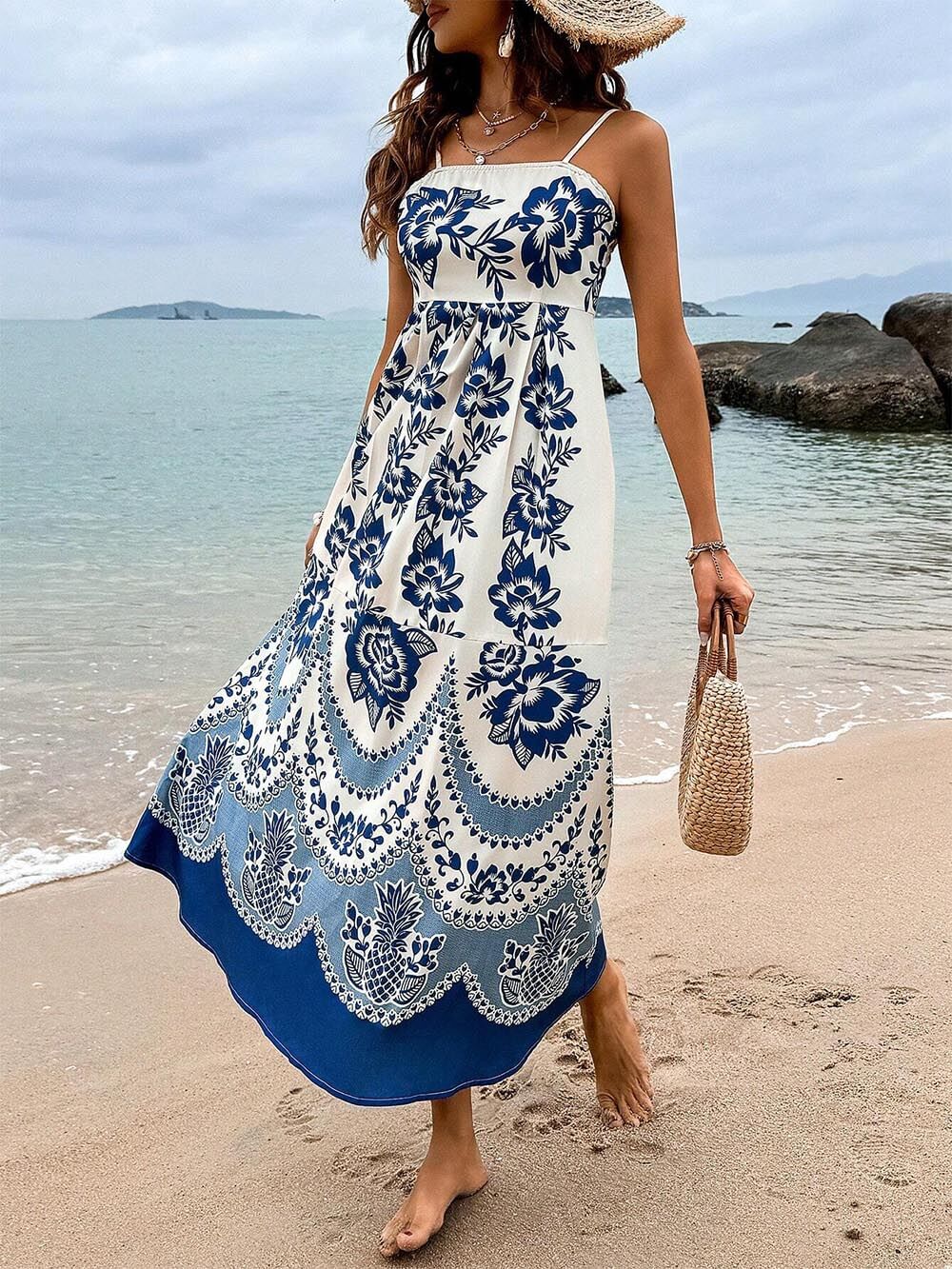 Floral Ethnic Print Back Graceful Smocked Loose Midi Dress Dresses