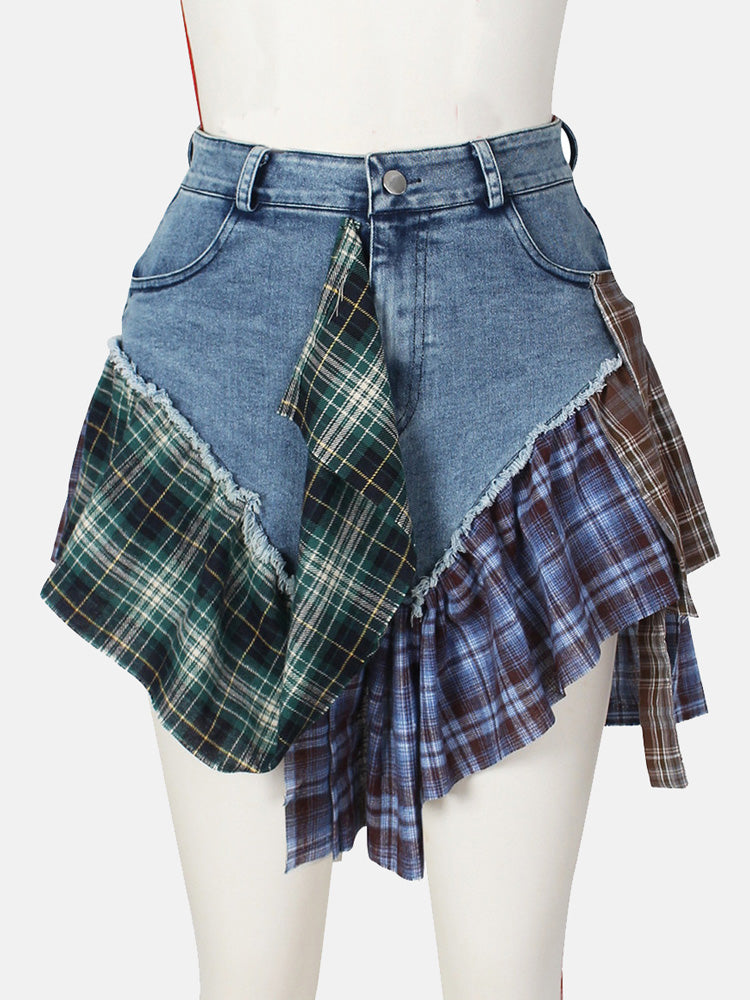 Denim Patchwork Graceful Plaid Shorts Skirts